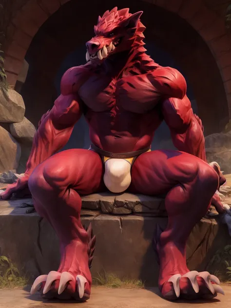 frontview of a male anthro odogaron, looking at viewer, sitting on ruins, spreading legs, stretched out legs, jockstraps, feet, big feet, plantigrate, humanoid feet, 4 toes,