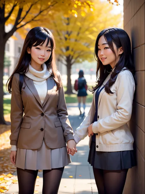 Show entire body, pantyhose feet, 2 Asian females, pantyhose, standing, kissing, smiling, college campus