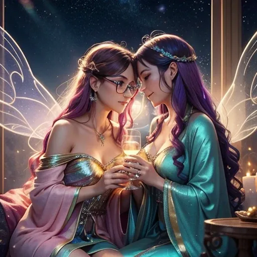 ((Colorfull)),Two women, draped in ethereal robes, meet in a celestial bar lit by twinkling stars.  As they talk, the glasses in their hands emanate a soft light.  The soft sound of harps and fairy laughter fills the air as they share magical stories from ...