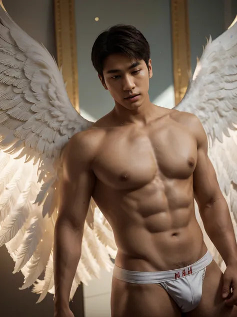 young buddha as christian angel wearing very short greek cloth,Angel wings, Korean male model, k pop idol, Song Kang Lookalike,  topless, muscles, head to toe, full body portrait, realistic, romantic, photograph, portrait, elegance handsome, athlete body, ...