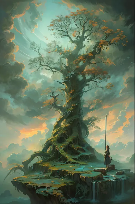 "((Enigmatic)) painting, misty atmosphere, mysterious ((girl)) with an otherworldly sword, ancient stone altar, gnarled tree, swirling clouds, ethereal glow, (hyper-detailed), ((surreal))