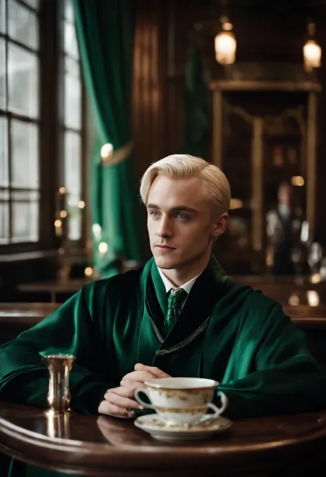 A photo of Draco Malfoy standing in a high-end wizarding cafe, sipping a meticulously brewed cup of exotic magical tea.,Harry Potter series,Draco is tall with neat platinum blonde hair, icy blue eyes, wears Slytherin Hogwarts robes, famously portrayed by T...