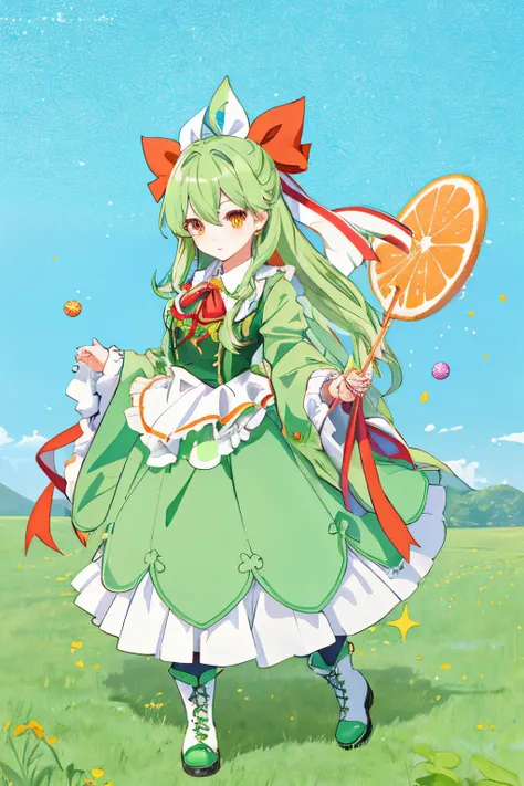 (complete body, good anatomy, perfect image, anime girl) 1 girl, green hair, red ribbon, orange eyes, green dress, green long skirt, green boots, big candy, farm background, day, colorful