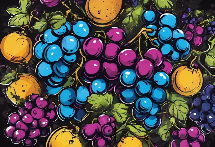 still life with grapes, oscuridad, rotulador negro, trazos negros muy marcados, textura canvas, fondo negro