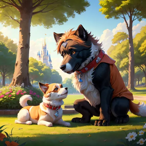 casal altos e magros  com cachorro shitzu femea creme em parque felizes disney pixel