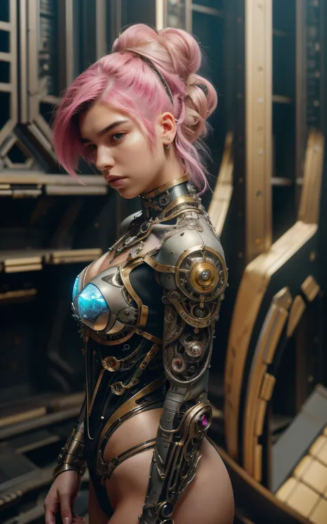 8k portrait of beautiful (cyborg) with pink hair, (Dua Lipa) , mecha musume scifi body suit, pauldrons, intricate, elegant, highly detailed, majestic, digital photography, art by artgerm and ruan jia and greg rutkowski surreal painting reflective, hairpin ...