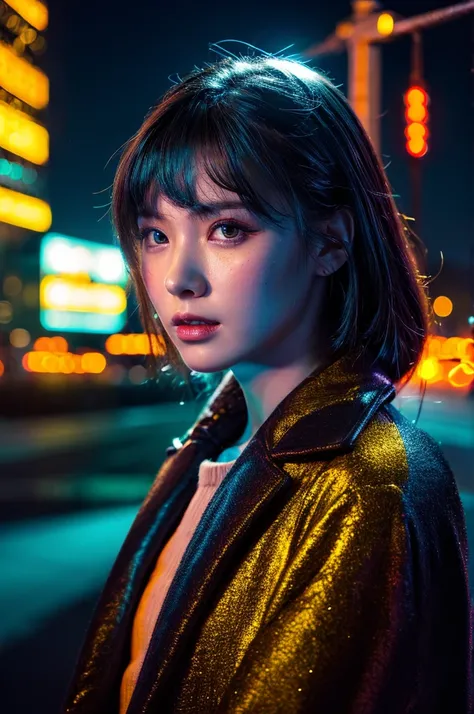 Fashion Portrait Color Photo, Woman, Neon light、Ultra-detailed,High resolution,super detailed skin, Professional Lighting,Landscape of the near future