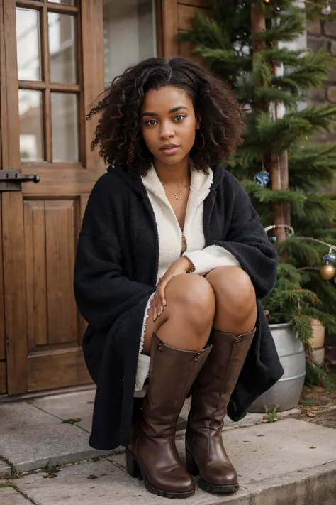 réelle black woman with natural hair with beautiful eyes, she is 30 years old, porte une robe pour lhiver avec des bottes