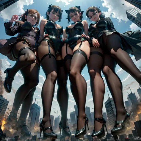 Multiple girls, giantess art, highly detailed giantess shot, der riese, Shorthair, Giant woman bigger than a skyscraper。Wearing rimless glasses。Colossal tits。Big ass。Underwear。lace bra。Lace panties。Black pantyhose、Pantyhose sole、Pantyhose Toe、hands off sho...