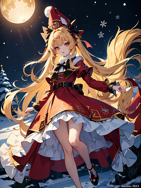 anime, (masterpiece, best quality, ultra-detailed), (beautiful detailed face), full body, high contrast, 1 girl (solo, Blond hair, petite body, long flowing hair, (black hairbow), high detail eyes, glowing red ruby eyes, Christmas hat, crimson warm furry d...