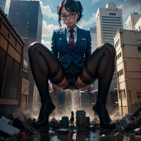 Multiple girls, giantess art, a hyperrealistic schoolgirl, , highly detailed giantess shot, der riese, Shorthair, Black pantyhose, Giant high school girl much bigger than a skyscraper。Wearing rimless glasses。Colossal tits。Navy blue blazer、Red tie、Mini Leng...