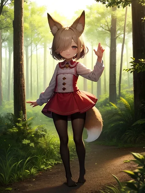 HDR, Excellent quality, 1. A  girl, (standingn:1.4) sideways, leg bent at the knees, (pantyhouse:1.3), (no shoes):1.2, One arm raised up, petite curvy loli,one eye covered,  Fox ears, Foxtail, short tail, One Tail, with a beautiful face, ssmile, woods