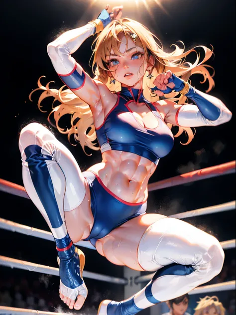 Best Quality, masutepiece,  High resolution, (Anime Heroine Illustration), Anime Paint, 1beautiful girl ,Dynamic Angle,Female wrestlers,small head,Large breasts,Trained abs,nice legs, Glowing skin, Sweat,At a professional wrestling venue ,Detailed beautifu...