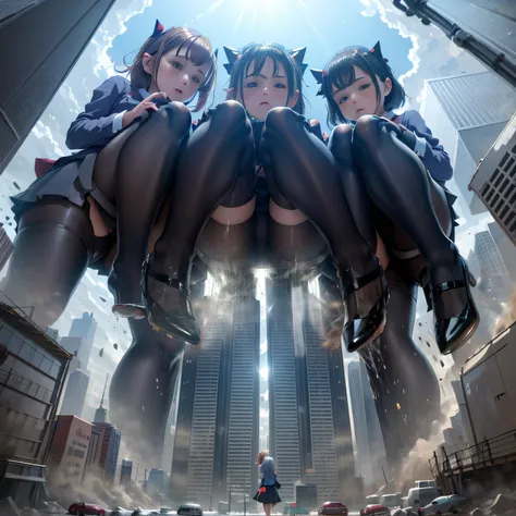 Multiple girls, giantess art, a hyperrealistic schoolgirl, , highly detailed giantess shot, der riese, Shorthair, Black pantyhose, Giant high school girl much bigger than a skyscraper。Wearing rimless glasses。Colossal tits。Navy blue blazer、Red tie、Mini Leng...