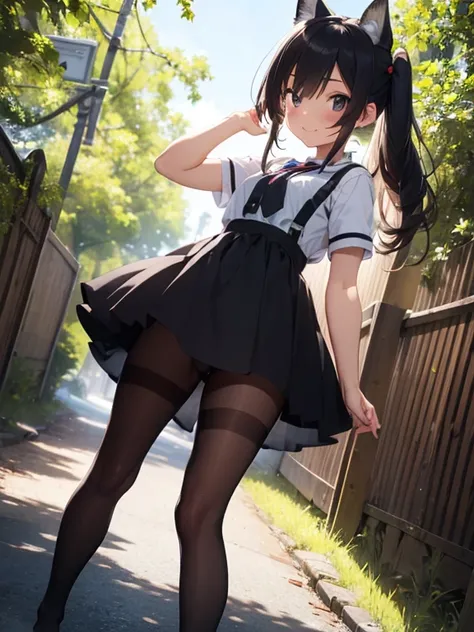 HDR, Excellent quality, 1. A  girl, (standingn:1.4) sideways, leg bent at the knees, (pantyhouse:1.3), (no shoes):1.2, One arm raised up, petite curvy loli,one eye covered,  Fox ears, Foxtail, short tail, One Tail, with a beautiful face, ssmile, woods