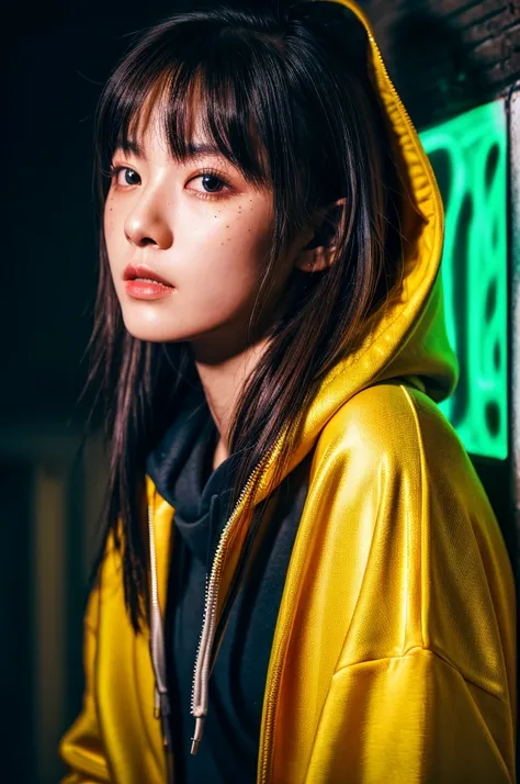 Fashion Portrait Color Photo, Woman, Neon light、large hoodie、Ultra-detailed,High resolution,super detailed skin,