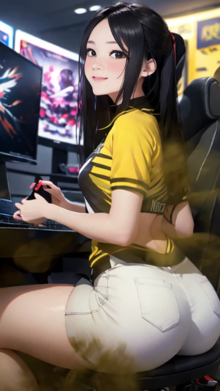 ((velocity)),Attacked by farts, (((Women farting))),(girl farting while seat on seat and playing game on smartphone)),smiled,blushing,velocity,(a female pro player), (wearing a pro player uniform),(sit facing the screen),(tilted his buttocks)) (longhair bl...