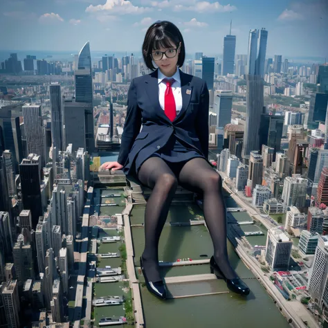 Multiple girls, giantess art, a hyperrealistic schoolgirl, , highly detailed giantess shot, der riese, Shorthair, Black pantyhose, Giant high school girl much bigger than a skyscraper。Wearing rimless glasses。Colossal tits。Navy blue blazer、Red tie、Mini Leng...