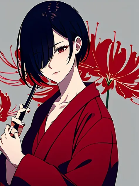 A yakuza woman in a red Kimono with short black hair parted to the side covering her right eye surrounded by spider lilys holding aknife