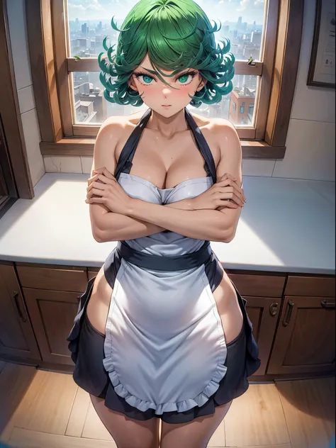 1girl, short green hair, green eyes, ((nude, apron, standing, crossed arms, thighs focus, smug, in a kitchen)), curvy figure, overlooking city, blush, day 

BREAK 

(((Masterpiece))), ((Highly detailed character)), ((perfect eyes)), ((perfect face)), ((bes...