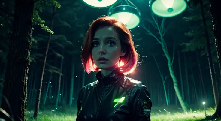 X-files, neon lights, light particles, ooze, night sky, mulder, scully, alien abduction, forest, cows, clues, distant space ship, fashion photography, woman, upper body, neon glow