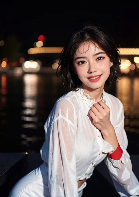 (8k, best quality, masterpiece: 1.2), (realistic, photo-realistic: 1.37), ultra-detailed, 1 girl, cute, solo, beautiful detailed sky, detailed cafe, night, sitting, date , (blushing nose), (smile: 1.15), (mouth closed) small breasts, beautiful detailed eye...