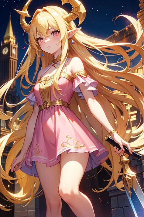 Blond hair, Long hair, princesslike hair style, short dress, pink dress, dragon eyes, golden eyes, on a city, night, shy, elven ears, has a cool sword