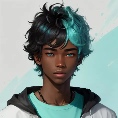 Cyan hair, black skin, guy, messy hair, Tiffany blue eyes