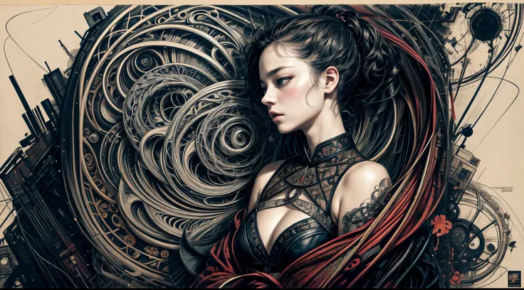 official art, unity 8k wallpaper, ultra detailed, beautiful and aesthetic, masterpiece, best quality, (zentangle, mandala, tangle, entangle), (fractal art:1.3) , 1girl, extremely detailed, dynamic angle, cowboyshot, the most beautiful form of chaos, elegan...