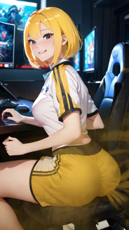 ((velocity)),Attacked by farts, (((Women farting))),(girl farting while seat on seat and playing game on smartphone)),smiled,blushing,velocity,(a female pro player), (wearing a pro player uniform),(sit facing the screen),(her buttt facing the screen) (shor...