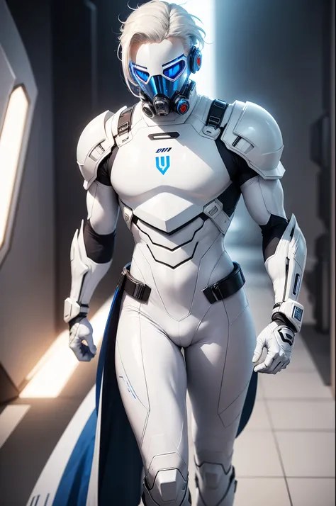 body suit, white and blue suit, futuristic suit, white gauntlets, white gloves, white hands, skin tight bodysuit, toned male, teenager, young male, futuristic gas mask and vizor, bodysuit, futuristic, sci fi, toned male, hands seen, hair visible, blonde ha...