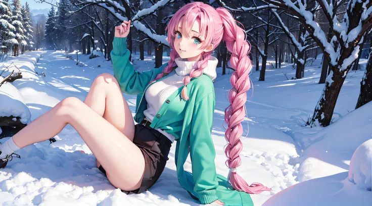 mitsuri kanroji,pose sexy,dressed in sweater,bosque nieve