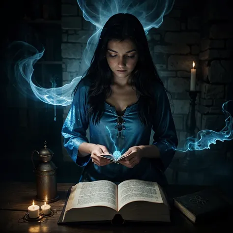 Ghost, glow, blue mist, Book of shadows, woman, fire, magic, spell, calling forth a spirit