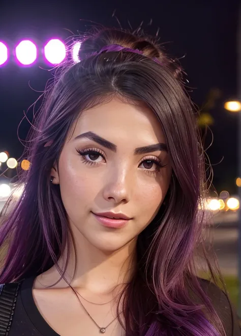 create a hyper realistic image of cute girltaking a selfie in the park, purple hair hair, wearing black t-shirt and jeans, green eyes. long dark eyebrows, long eyelashes, background of outside , 8k, high detailed, sharp focus.,(light trail photography:1.3)...