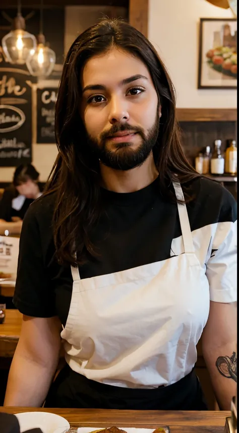 Restaurant worker woman with a beard