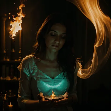 Ghost, glow, mist, woman, fire, magic, spell, calling forth a spirit