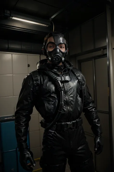 Superboy dressed in a black rubber suit and wearing a futuristic gas mask with additional hoses, strapped to a gurney with additional straps and rubber hoses connected to the gas mask from the ceiling, in an army base, programmed as a drone, at night time.