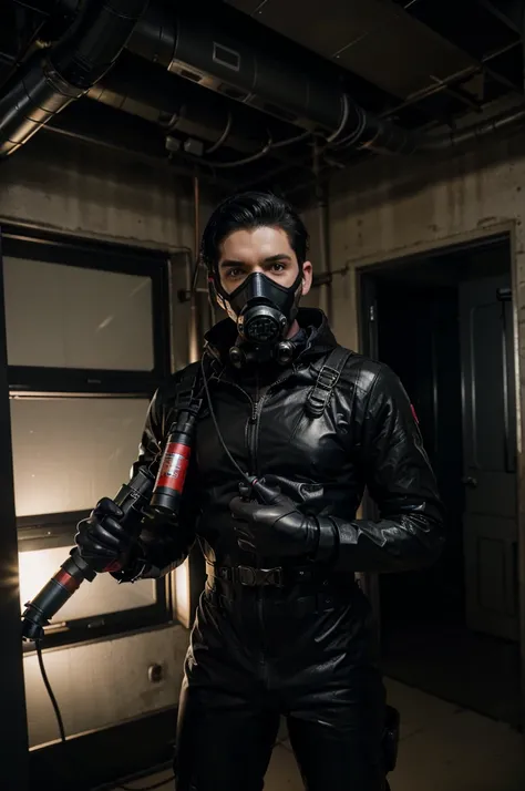 Superboy dressed in a black rubber suit and wearing a futuristic gas mask with additional hoses, strapped to a gurney with additional straps and rubber hoses connected to the gas mask from the ceiling, in an army base, programmed as a drone, at night time.