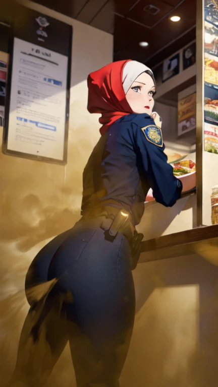 ((velocity)),Attacked by farts, (((Women farting))),(girl farting while ordering food)),frowned,velocity,(a female police), (wearing a police uniform),(standing facing the screen),(her butt facing the screen)) (wear hijab),(Asian woman),(fastfood restaurat...