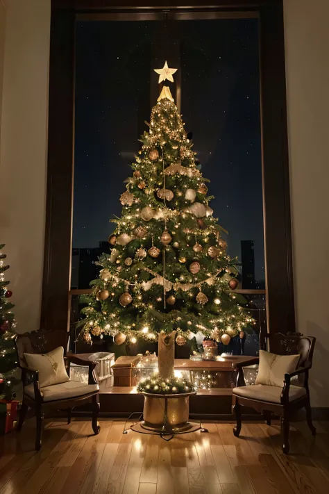 Design an ornate and festive Christmas tree. The tree should be decorated with twinkling lights, Bolas coloridas, fitas e outros enfeites tradicionais. Ela deve se destacar em um ambiente aconchegante e festivo, with gifts piled at the base of the tree. As...