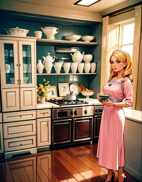 (robot housewife),(display case),(pink dress),(blonde hair),(blue eyes),(plastic skin),(best quality,4k,8k,highres,masterpiece:1.2),ultra-detailed,(realistic,photorealistic,photo-realistic:1.37),portraits,(vibrant colors,colorful:1.1),(soft lighting),(silv...