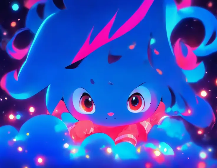 a super cute baby pongo with a blue tiny bow, looks adorable, in a cool background with blue vibrant neon colors, masterpiece.