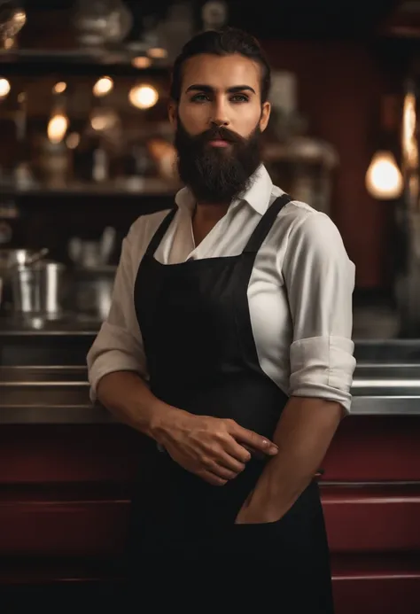 Cafe worker woman with a beard and a chiseled face