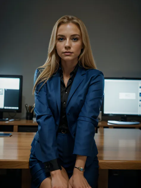 Young woman around 30, Businesswoman, blond hair, blue eyes, in a strict blue suit, sitting in the office at the table in the center of the composition, topquality, high detail, hyper realisitc, Hyperreal photo of, cinematic quality, high detail, Raw