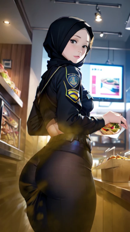 ((velocity)),Attacked by farts, (((Women farting))),(girl farting while ordering food)),frowned,velocity,(a female police), (wearing a police uniform),(standing facing the screen),(her butt facing the screen)) (wear hijab),(Asian woman),(fastfood restaurat...