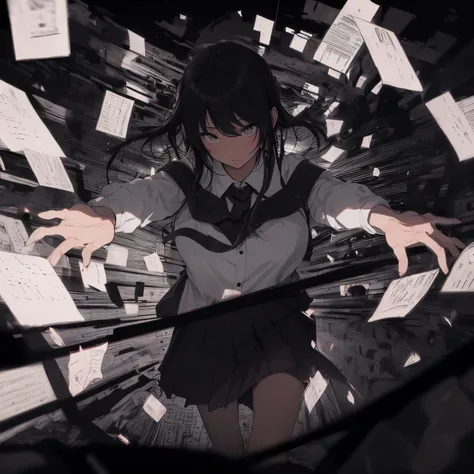 in the style of Chi no Wadachi, manga style, black and white, a girl standing, wearing a school uniform reaching out for embrace with both hands, surrounded by darkness, black hair, her face scribbled out, ((wide shot)), ((centered)), ((from below, distanc...