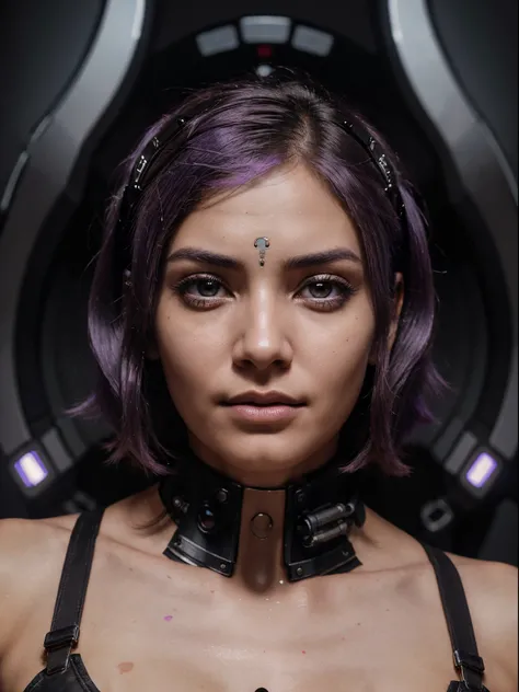 The face of a beautiful cyborg woman of the North Indian type in the style of steampunk, cyberpunk, close-up in the center of the sheet, without going beyond the edges, lilac hair, glowing eyes, on a clean dark background, the highest quality, high detail,...