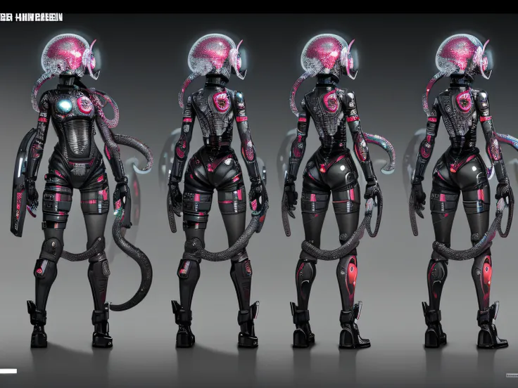 (((tentacles biopunk horror))), dark biopunk girl, ((biopunk character sheet)), ((multiple poss and expressions)), red gray hair, (cast iron full face helmet), short clothes, biopunk mechanical clothing, biopunk meat augmentations, Cold lighting, abandoned...