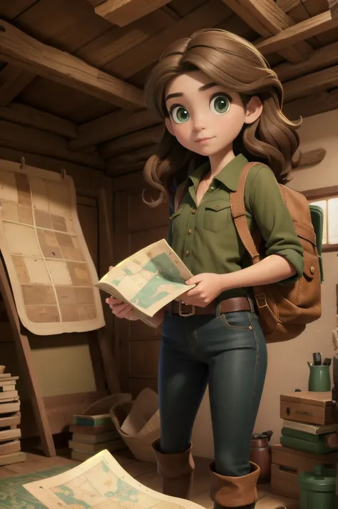 12 year old girl, long brown hair and green eyes, brown boots, black jeans, green blouse, brown backpack, exploring the dusty attic in her house and finding an old map, animated style, 8k