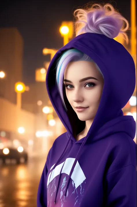 Close-up photo, confident young cyberpunk woman with purple and white hair pulled into a bun, wearing a hoodie with a red and black design, on a rain-soaked street at night, photorealistic, cinematic lighting